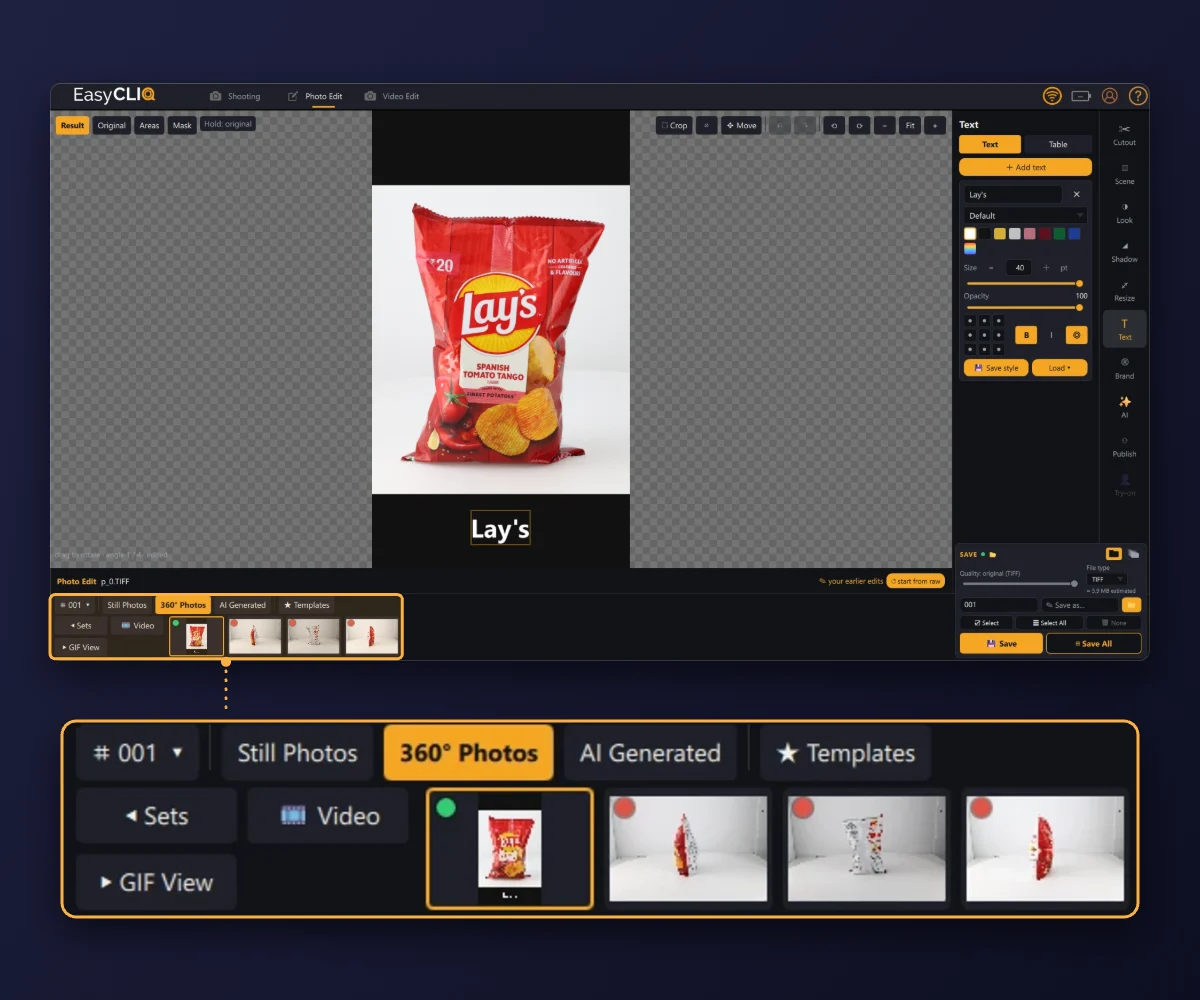 EasyCLIQ’s 360° Photos set, holding four angles of a Lay’s packet