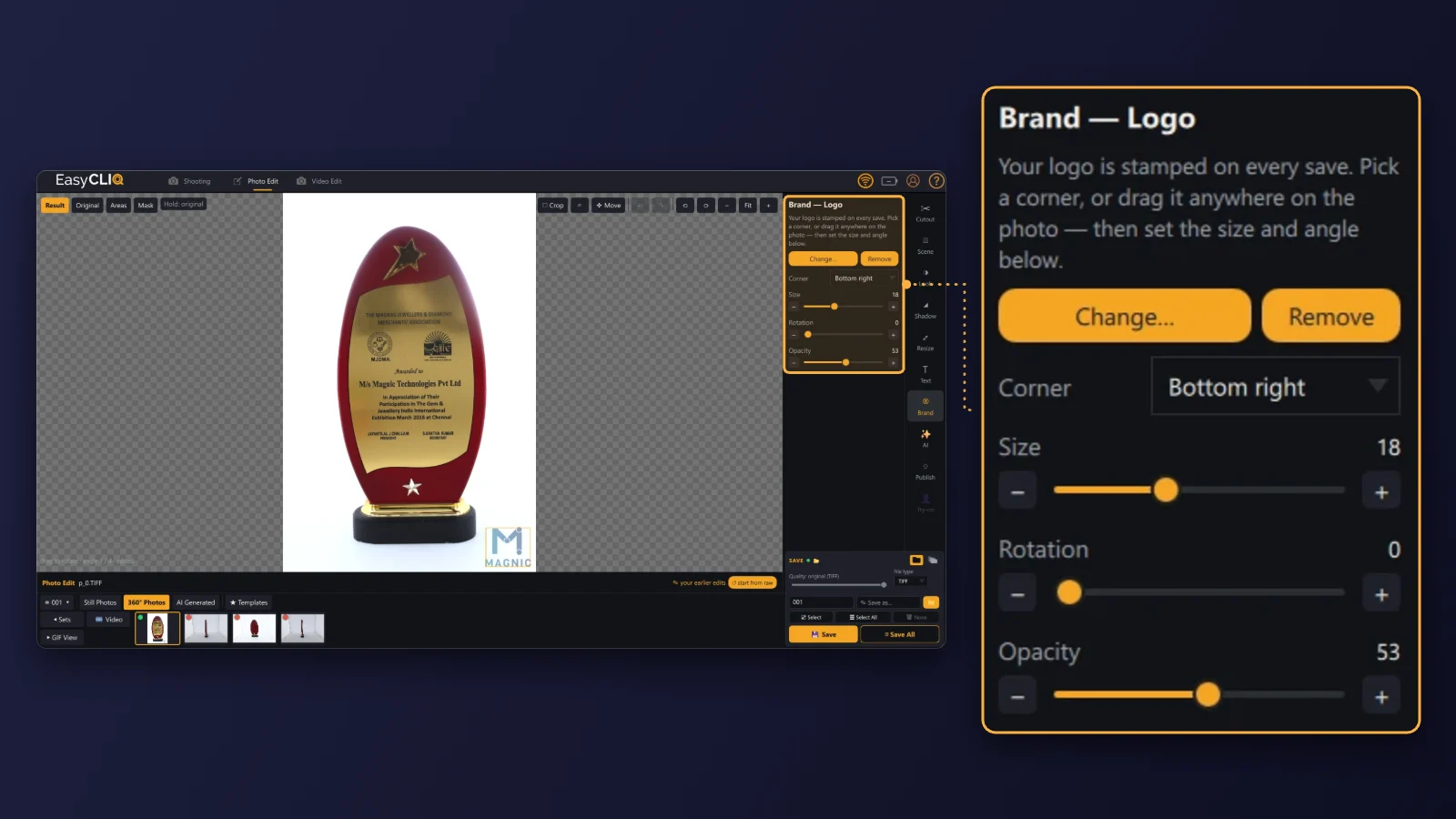 EasyCLIQ Photo Edit with the Brand panel enlarged, placing a logo on an award photo