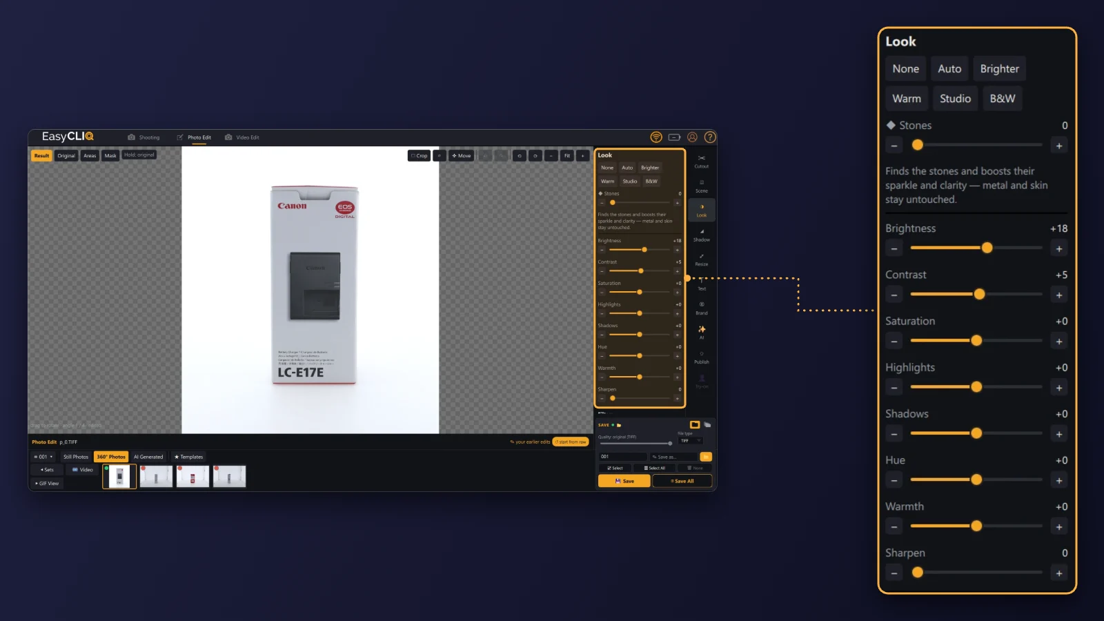 EasyCLIQ Photo Edit with the Look panel enlarged, editing a battery charger box