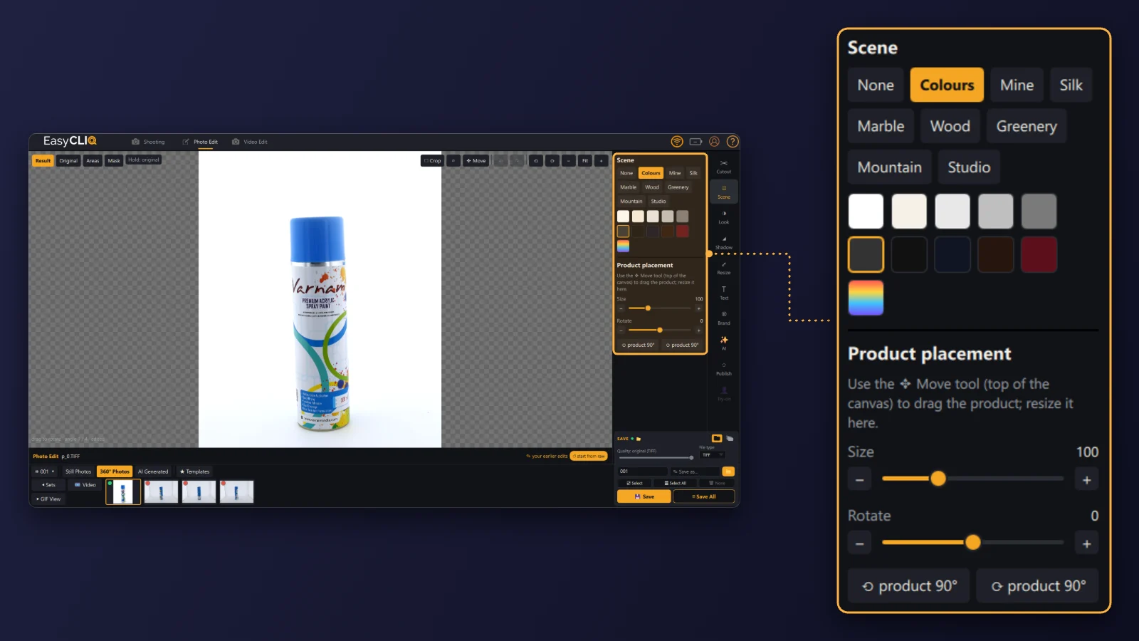 EasyCLIQ Photo Edit with the Scene panel enlarged, editing a spray paint can