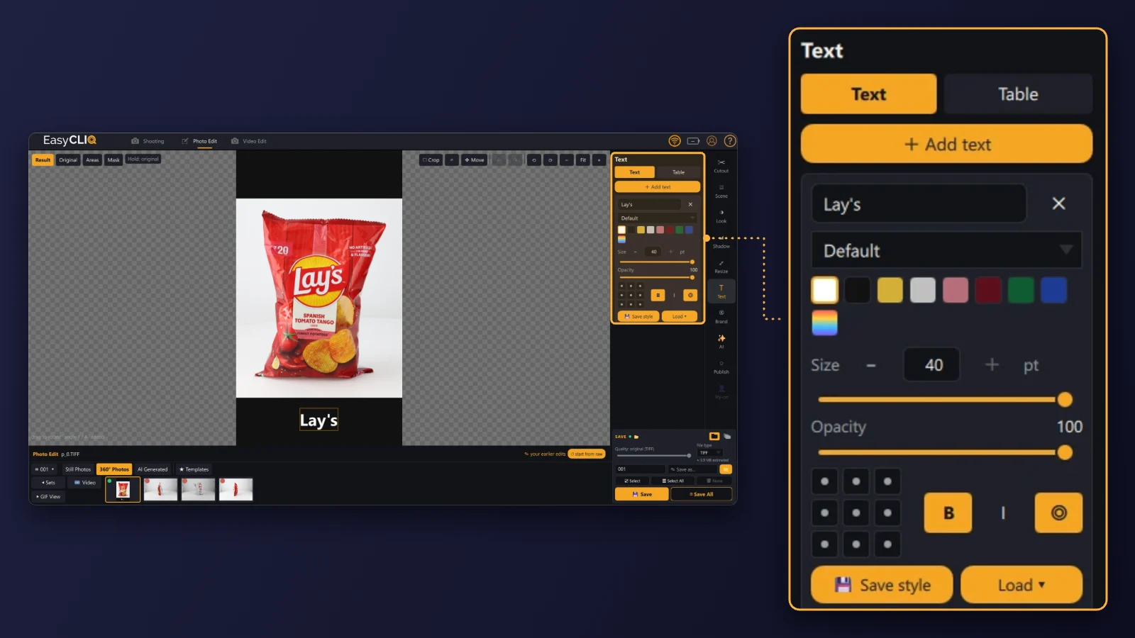 EasyCLIQ Photo Edit with the Text panel enlarged, adding a label under a Lay’s packet
