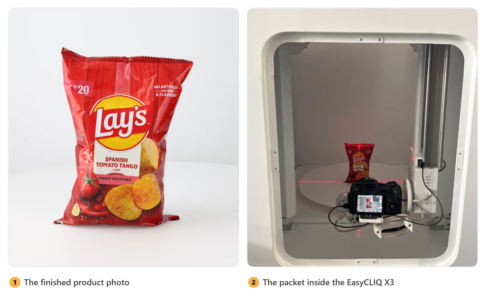 Left: the finished photo of a red Lay’s packet on a clean background. Right: the same packet on the turntable inside the EasyCLIQ X3, with the camera in front of it.