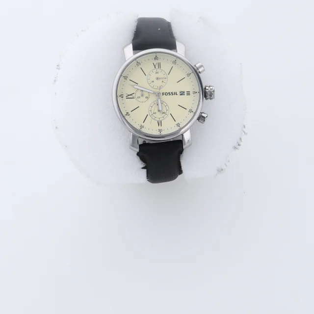 A chronograph watch with a leather strap