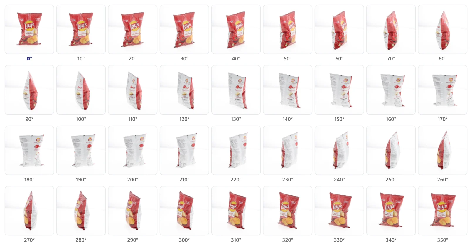 36 frames of a red Lay’s packet, one every 10 degrees from 0° to 350°