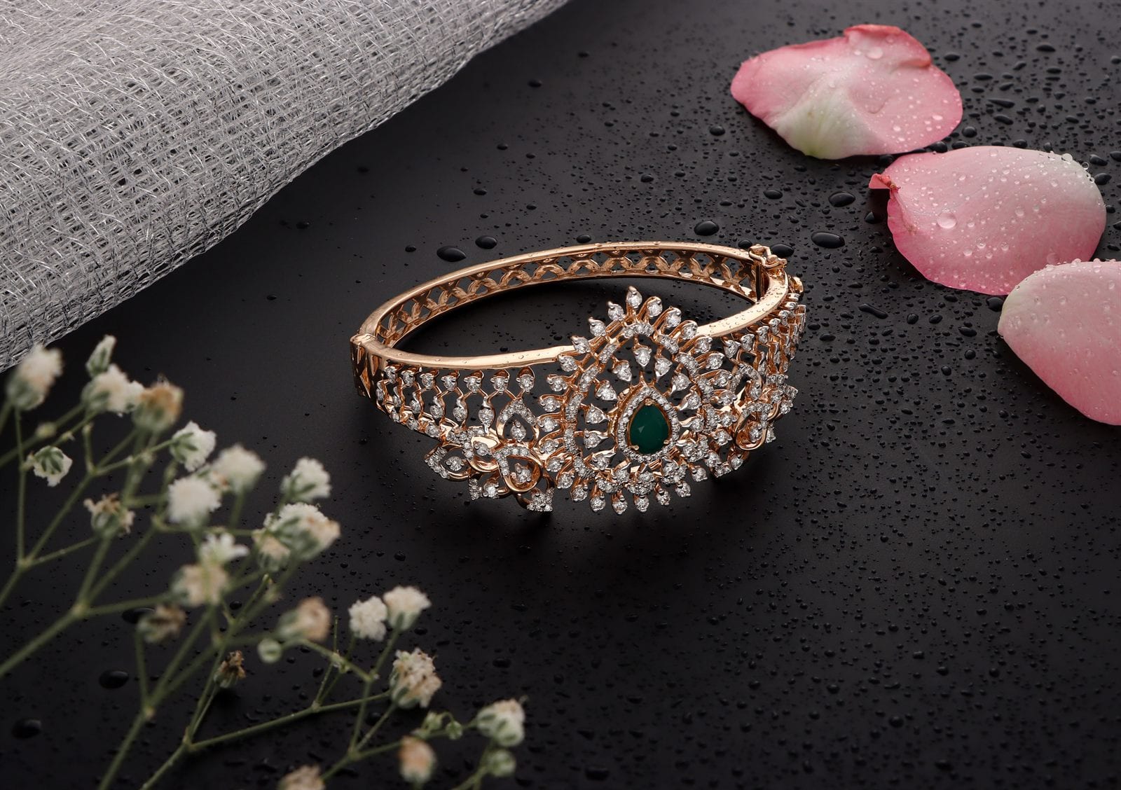 A detailed bridal necklace captured with even lighting
