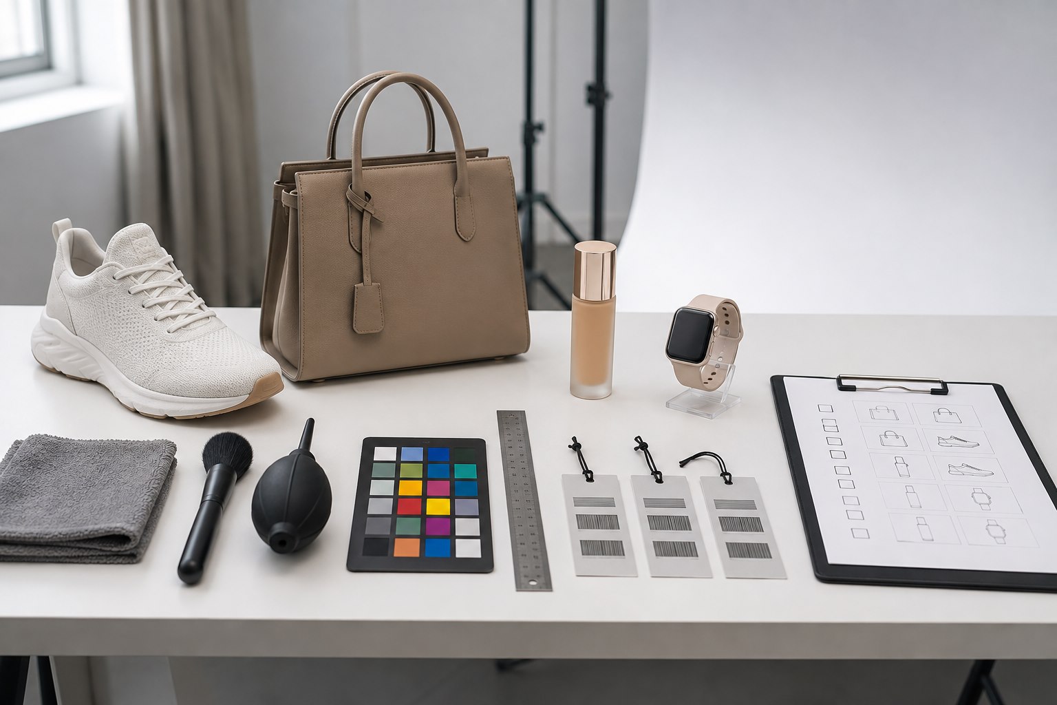 Footwear, a handbag, cosmetics and electronics prepared with cleaning tools, colour references, SKU tags and a photography shot list