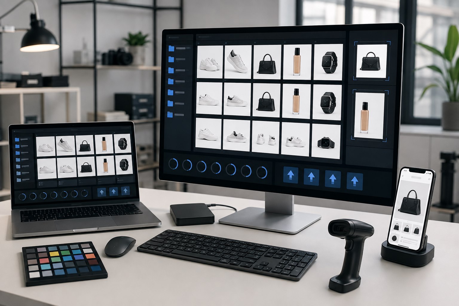 Finished ecommerce product images being organised, resized, optimised and published from a professional content workstation