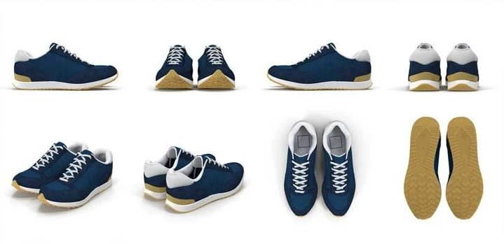 A navy sneaker shown from eight angles on a white background