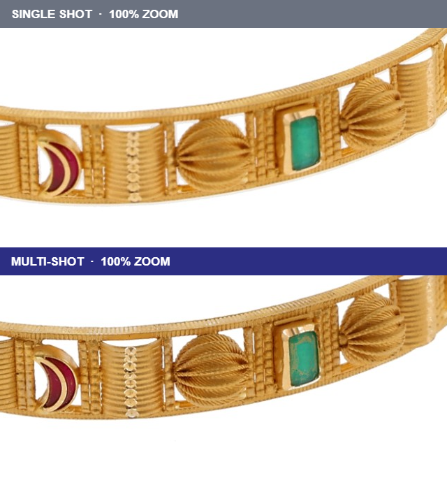 The front of the same bangle at 100% zoom, single shot above and multi-shot below