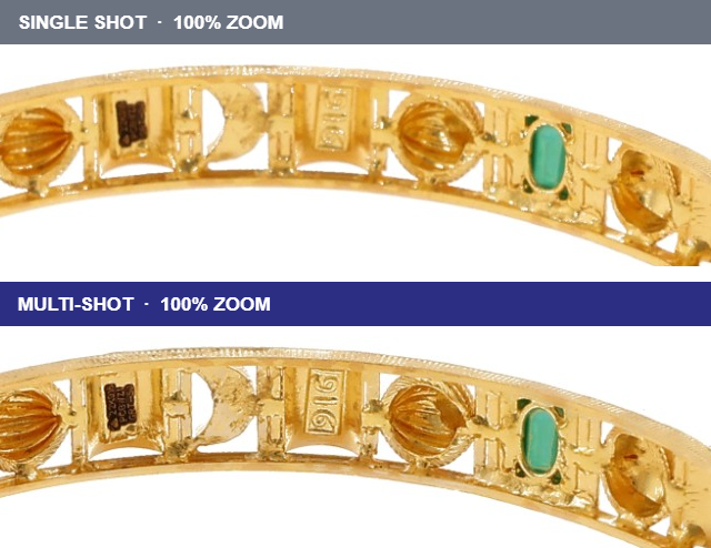 The back wall of the same bangle at 100% zoom: blurred 916 hallmark in the single shot, sharp and legible in the multi-shot image