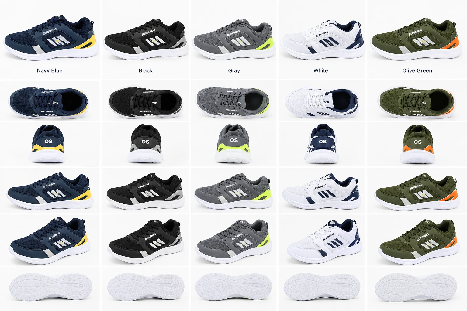 One running shoe style in five colourways, each shown from six matching angles