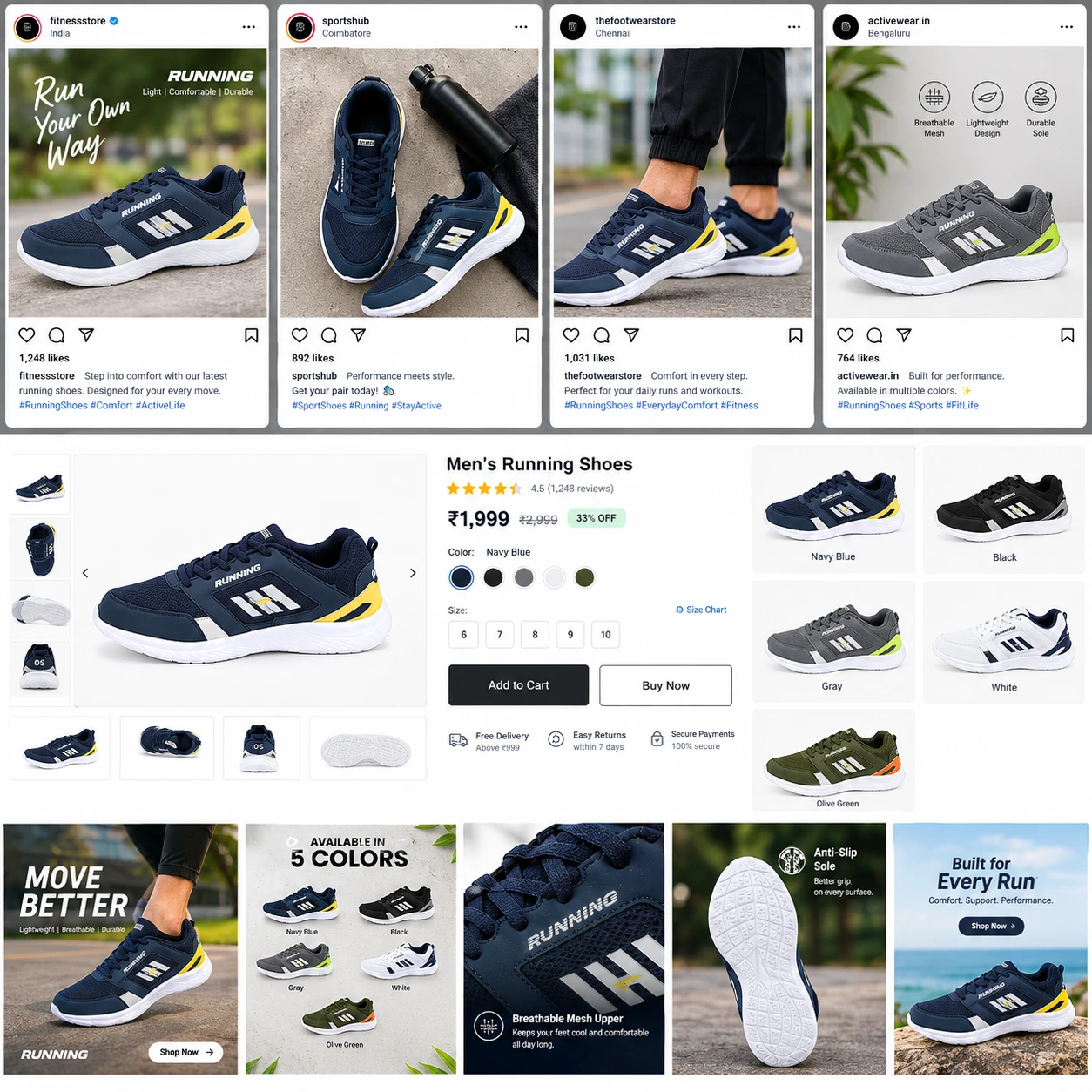 A shoe launch across a marketplace product page, retailer social posts and campaign banners