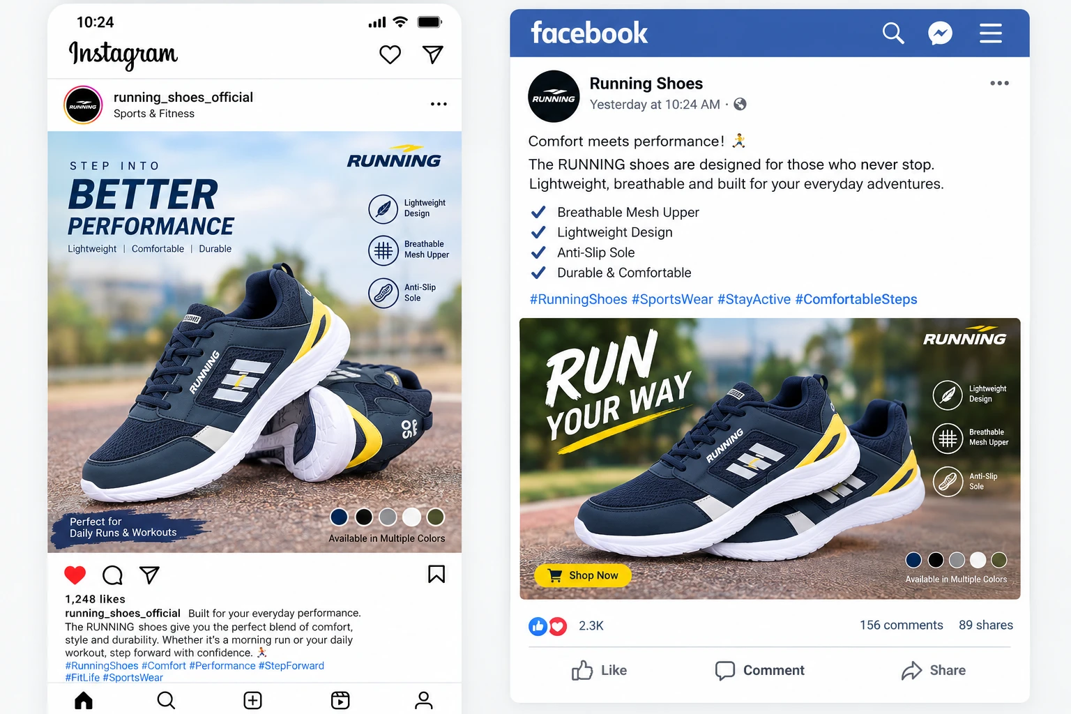 Instagram and Facebook launch posts for a running shoe