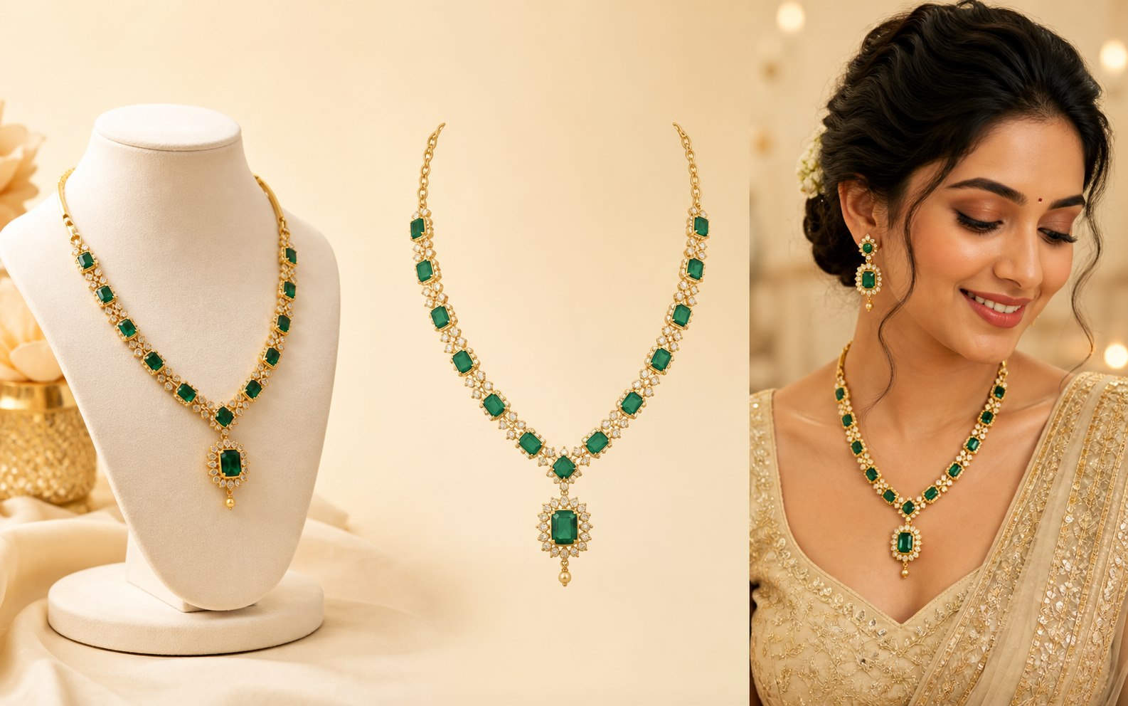 A jewellery photograph transformed from product presentation to an AI-assisted model visual