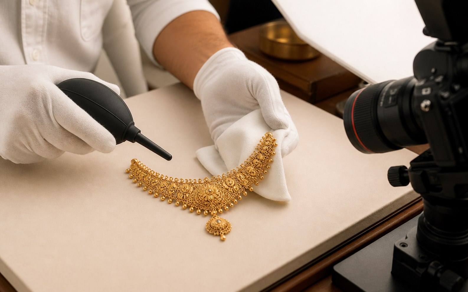 A gold necklace being cleaned and prepared for professional photography