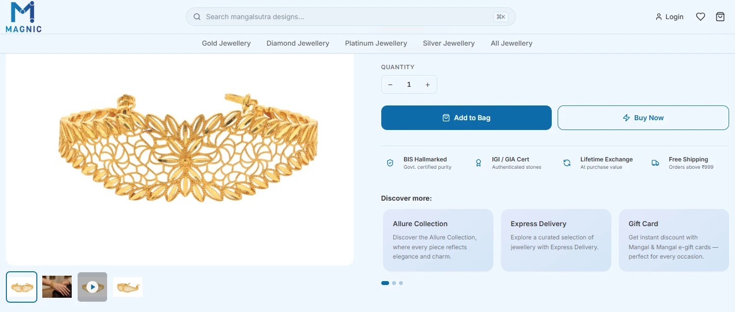 Jewellery product page on an online store, showing a gold filigree piece with its photo gallery