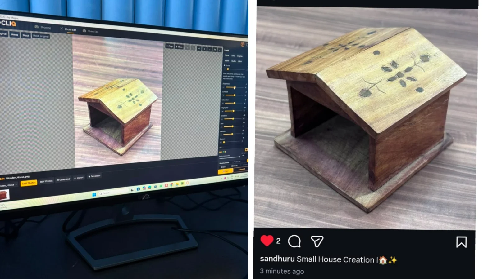 A wooden house photo being edited in the EasyCLIQ software, and the finished photo posted on Instagram