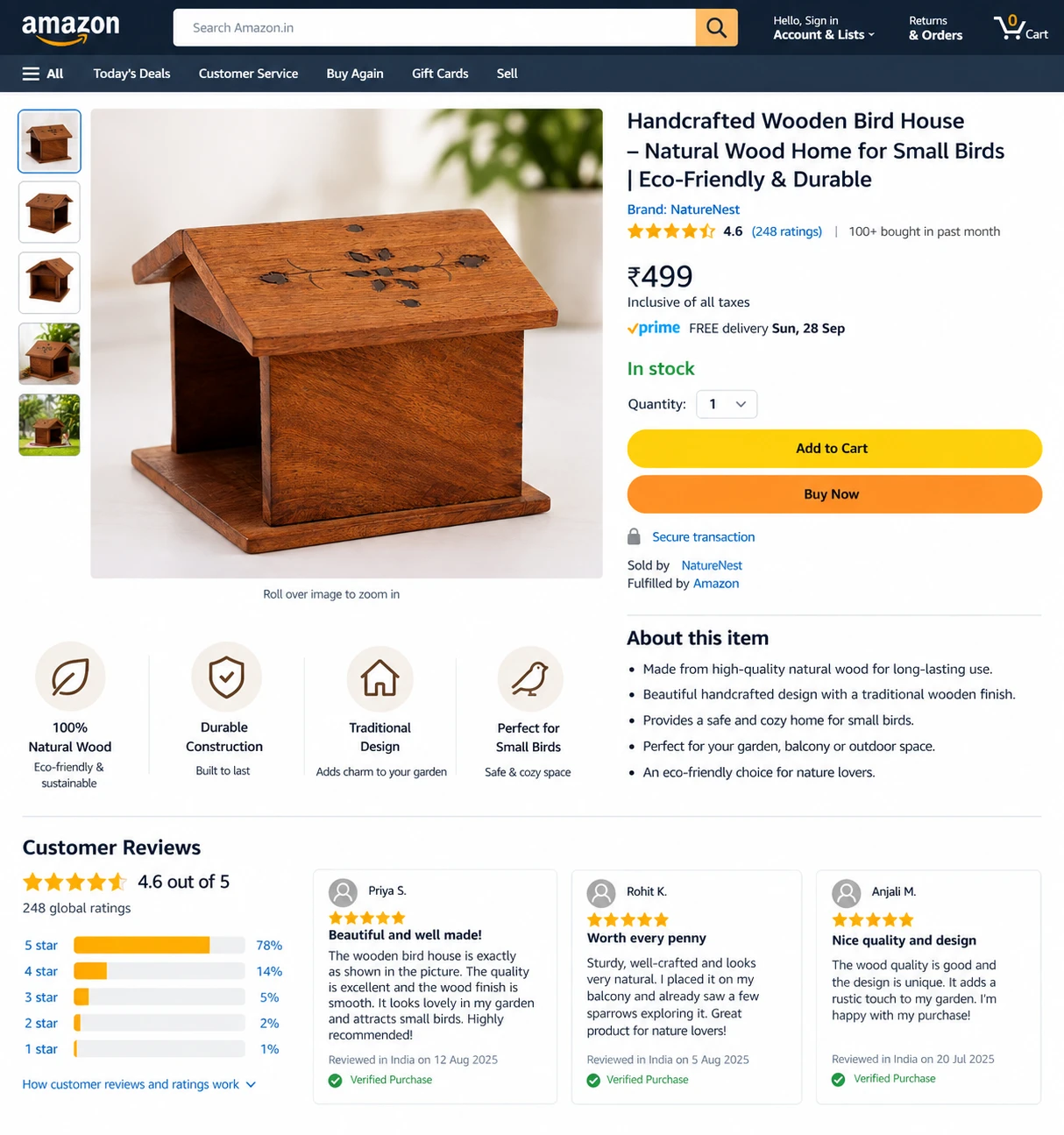 Example online marketplace listing for a wooden bird house, built around studio product photos