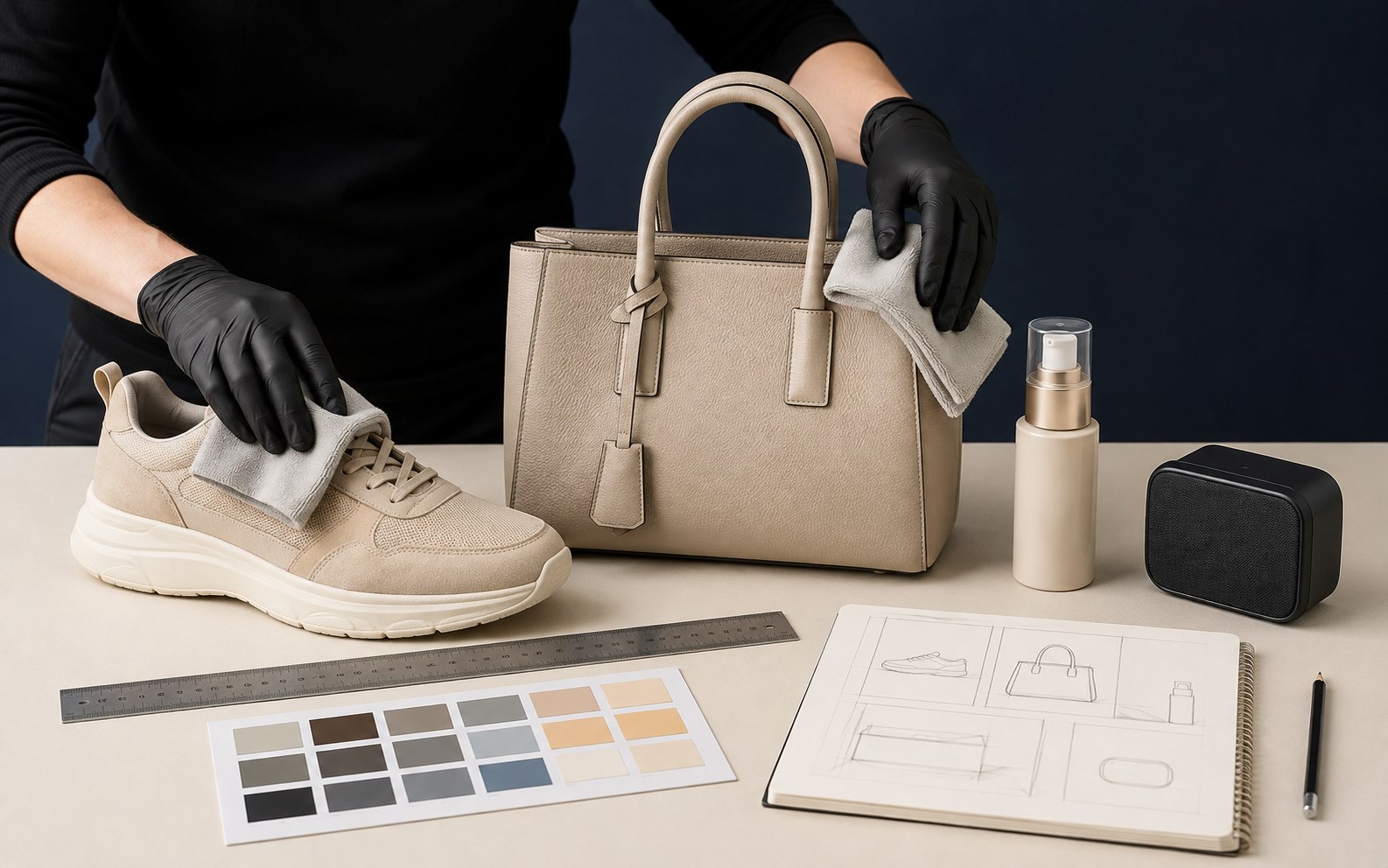 Footwear, a handbag, cosmetics and electronics being prepared for product photography