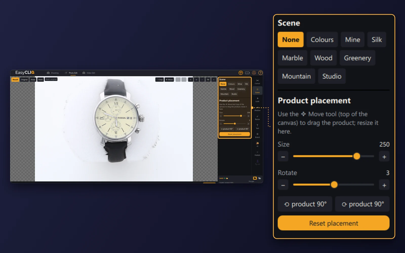 EasyCLIQ Photo Edit with the Scene panel enlarged: background choices and product placement for a chronograph