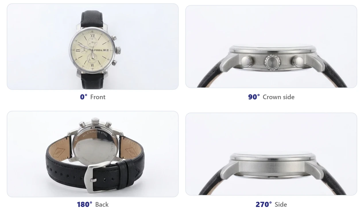A chronograph watch at 0°, 90°, 180° and 270°: the front photo, and AI-generated views of the crown side, the back and the other side