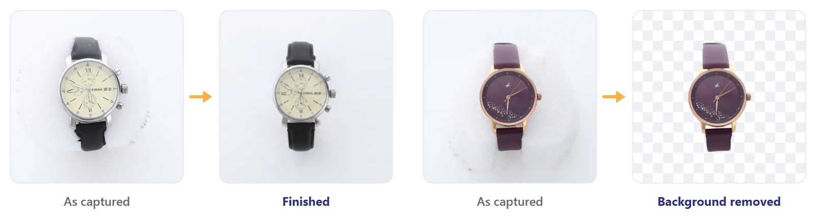 Two watches before and after editing: a chronograph as captured and finished, and a plum watch as captured and with its background removed