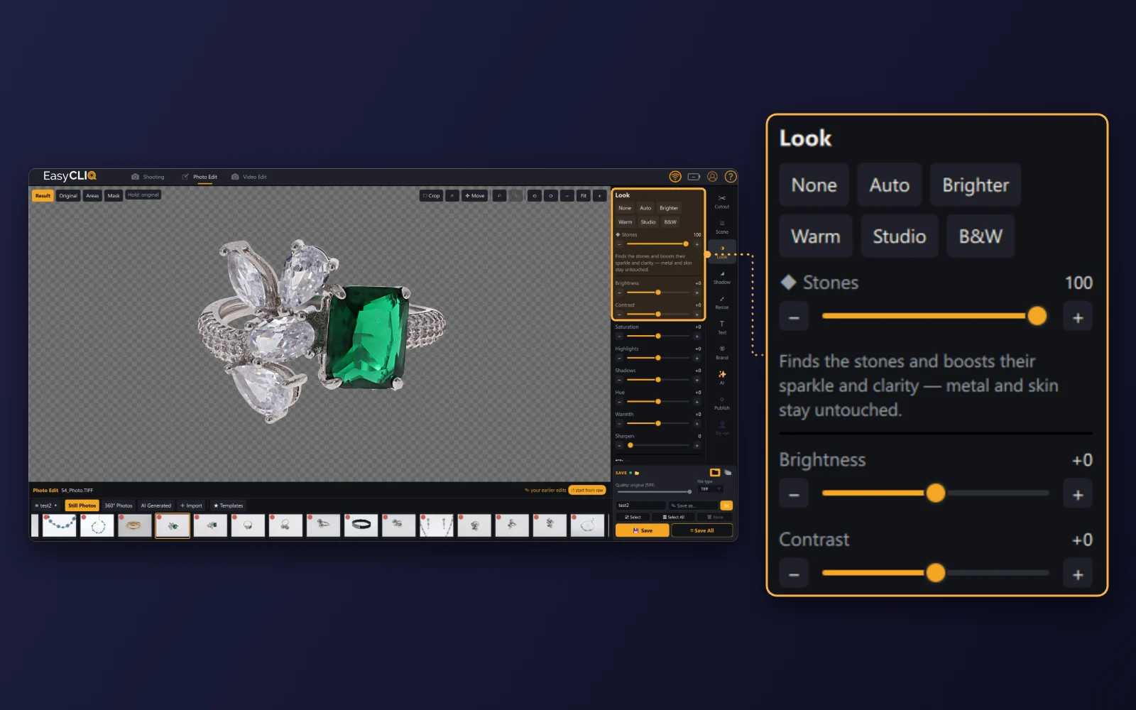 The Look panel in EasyCLIQ Photo Edit, with one-click looks and the Stones control set to 100