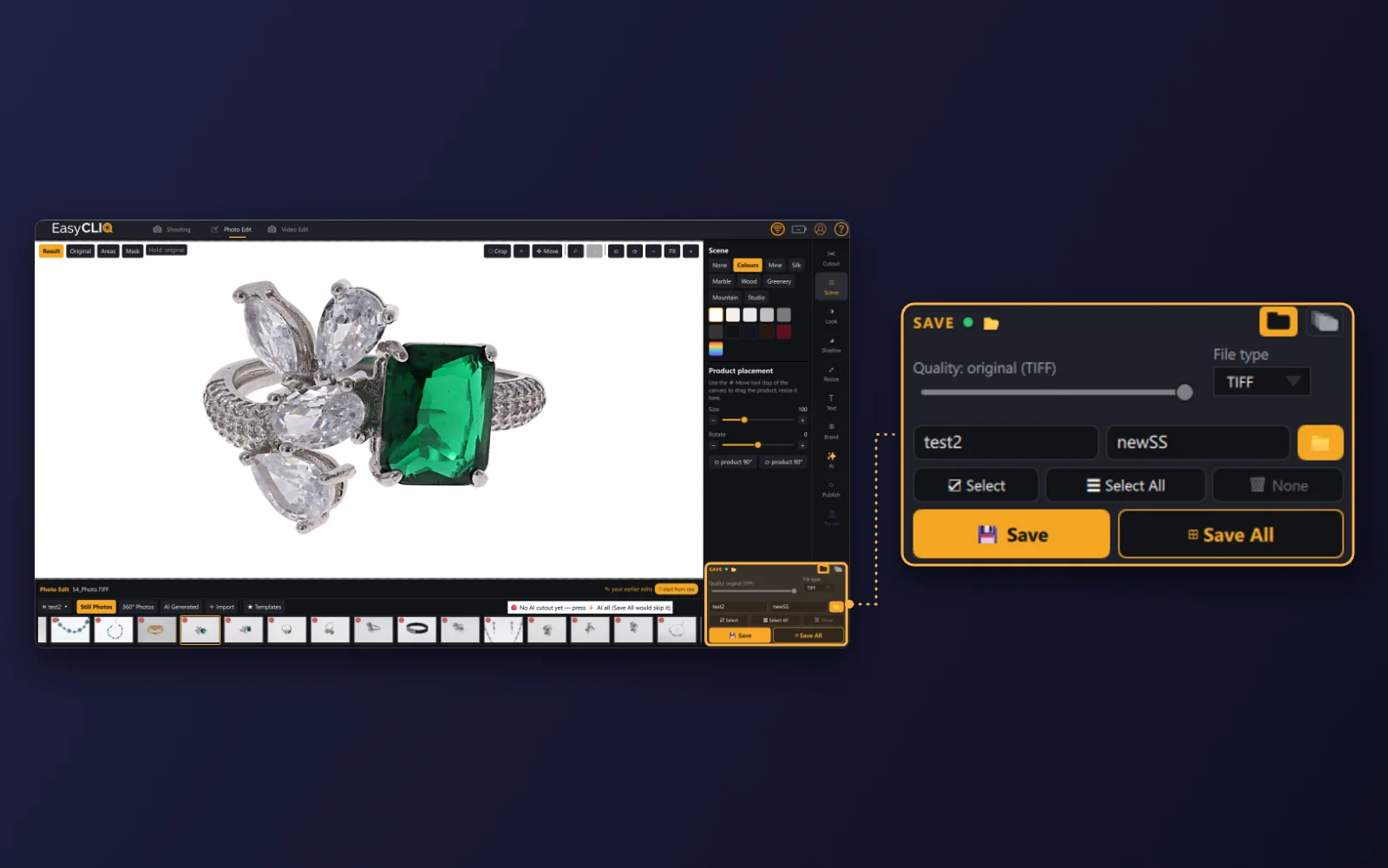 The Save panel in EasyCLIQ Photo Edit, set to original-quality TIFF, with Save and Save All buttons