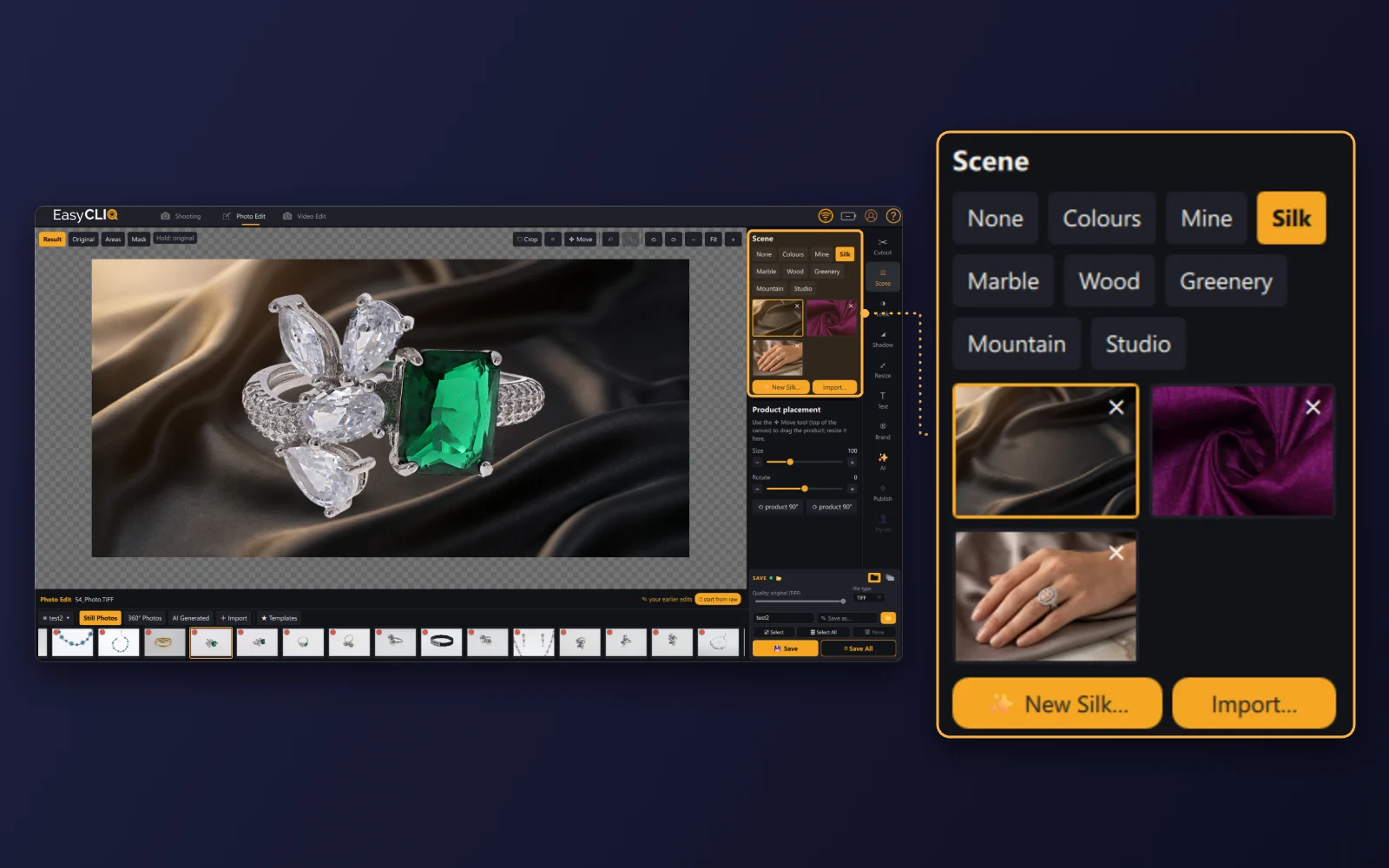 The ring placed on dark gold silk with the Silk scene in EasyCLIQ Photo Edit