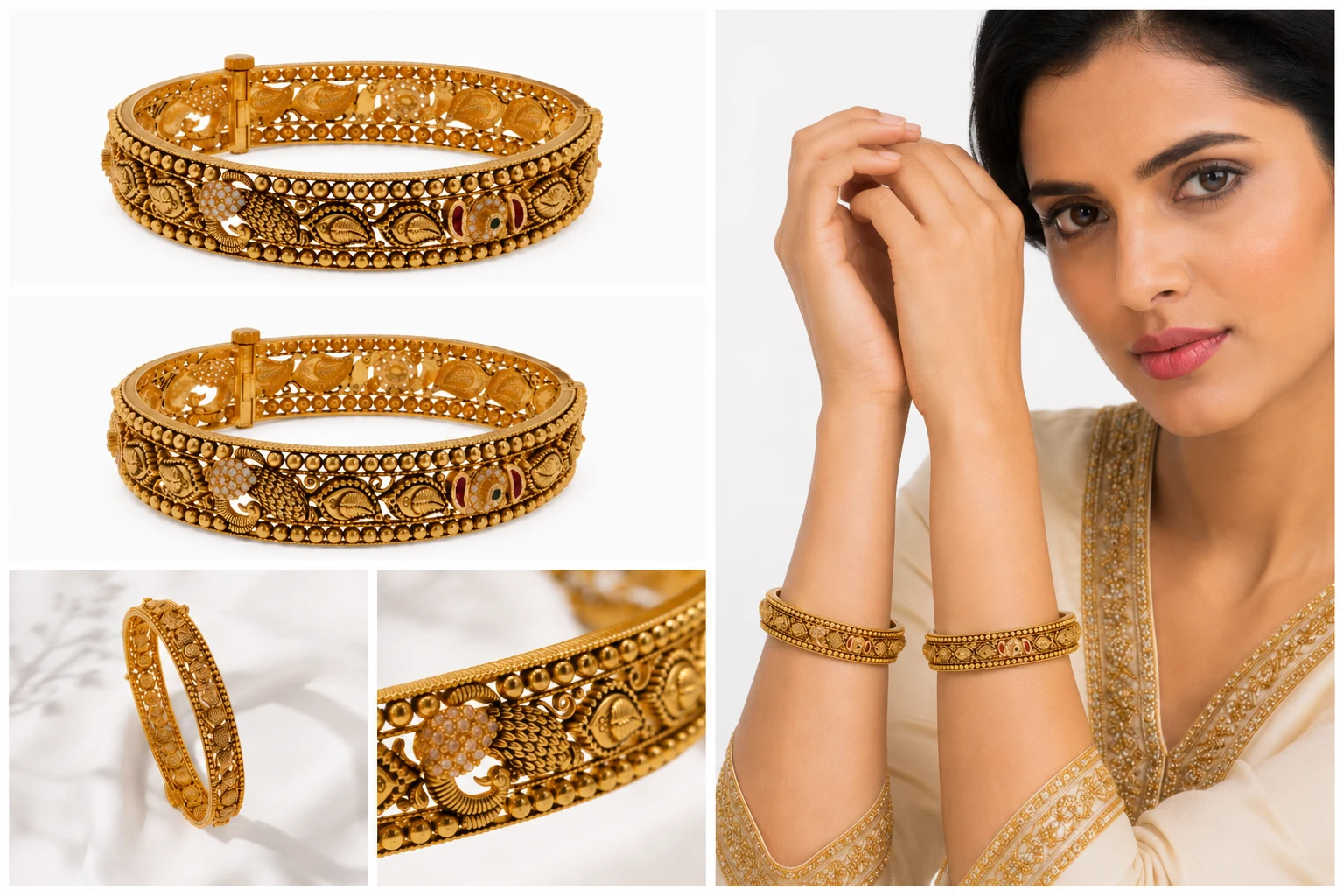 The same gold bangle as catalogue angles, a styled shot, a close-up and a lifestyle image
