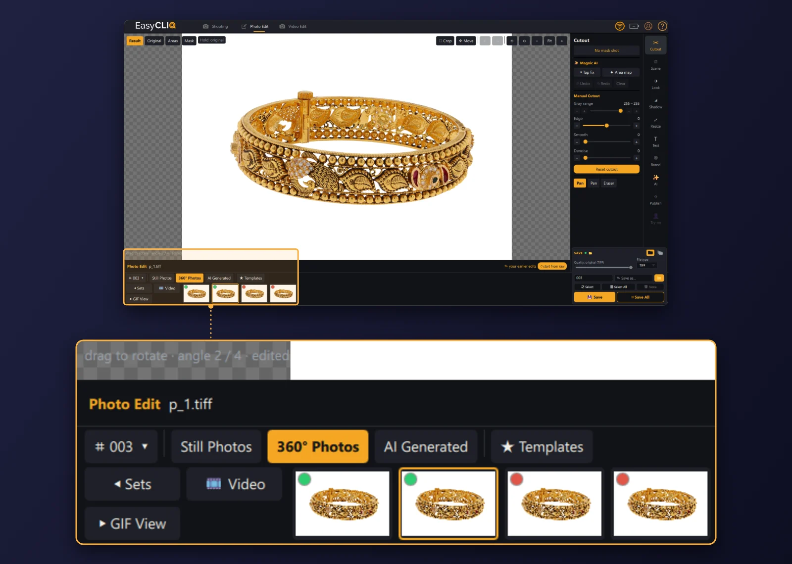 The 360° Photos library in EasyCLIQ Photo Edit, with a bangle’s angles, Sets, Video and GIF View