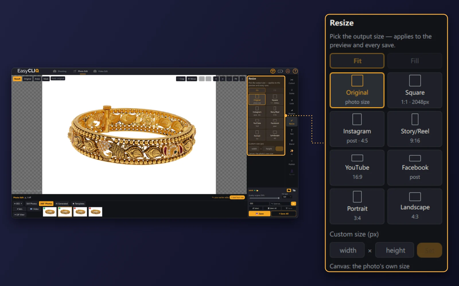 The Resize panel in EasyCLIQ Photo Edit with output sizes for each channel