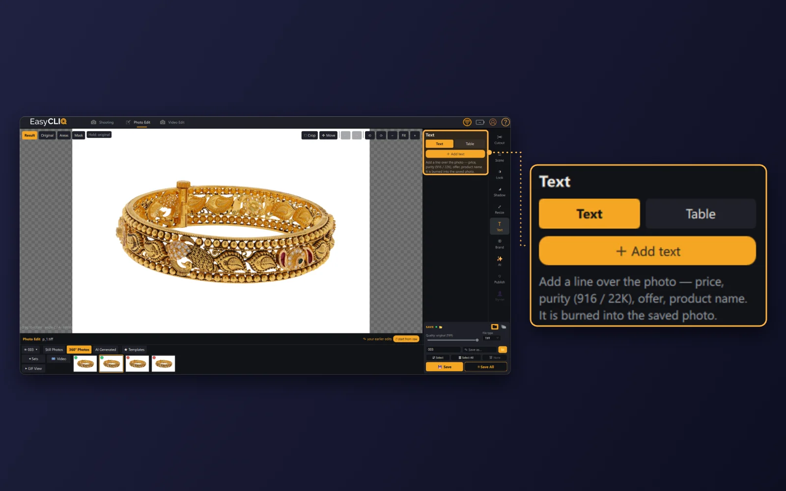 The Text panel in EasyCLIQ Photo Edit for adding price, purity or a product name to the photo