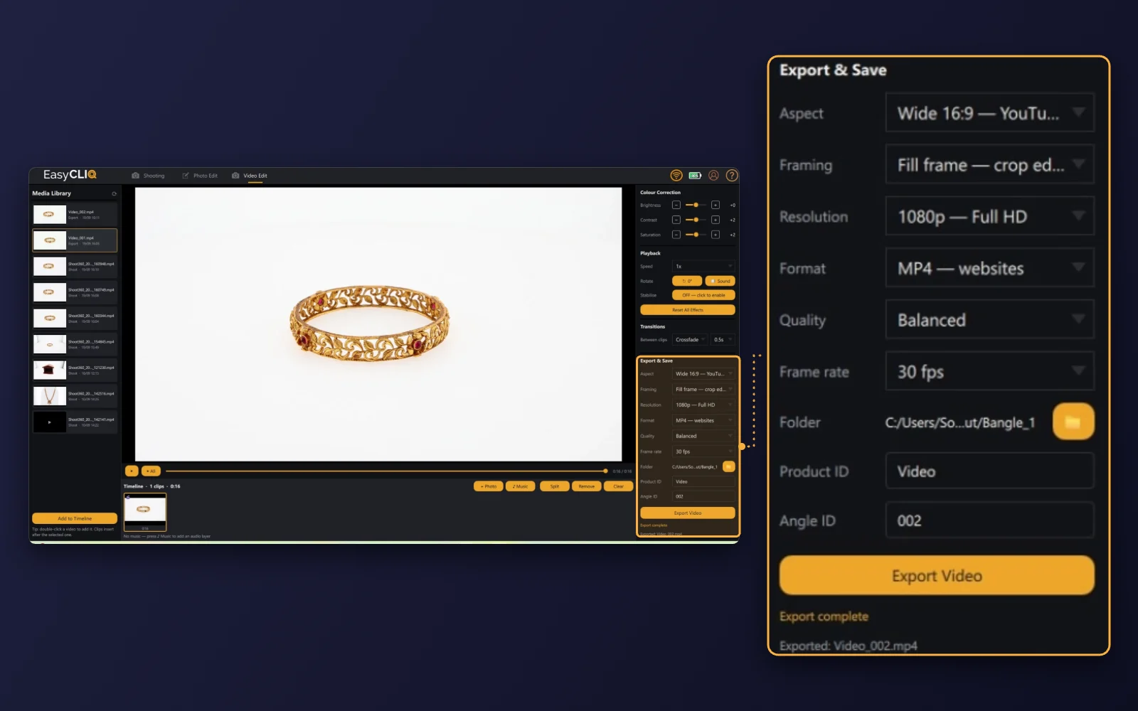 Export settings in EasyCLIQ Video Edit: aspect, framing, resolution, format, quality and frame rate