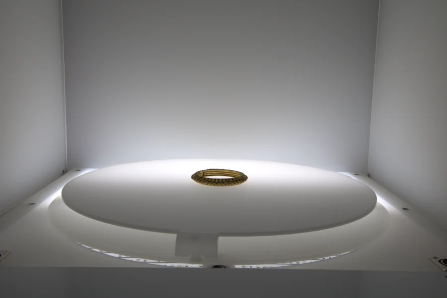 A gold bangle on a backlit turntable, ready to turn for each angle
