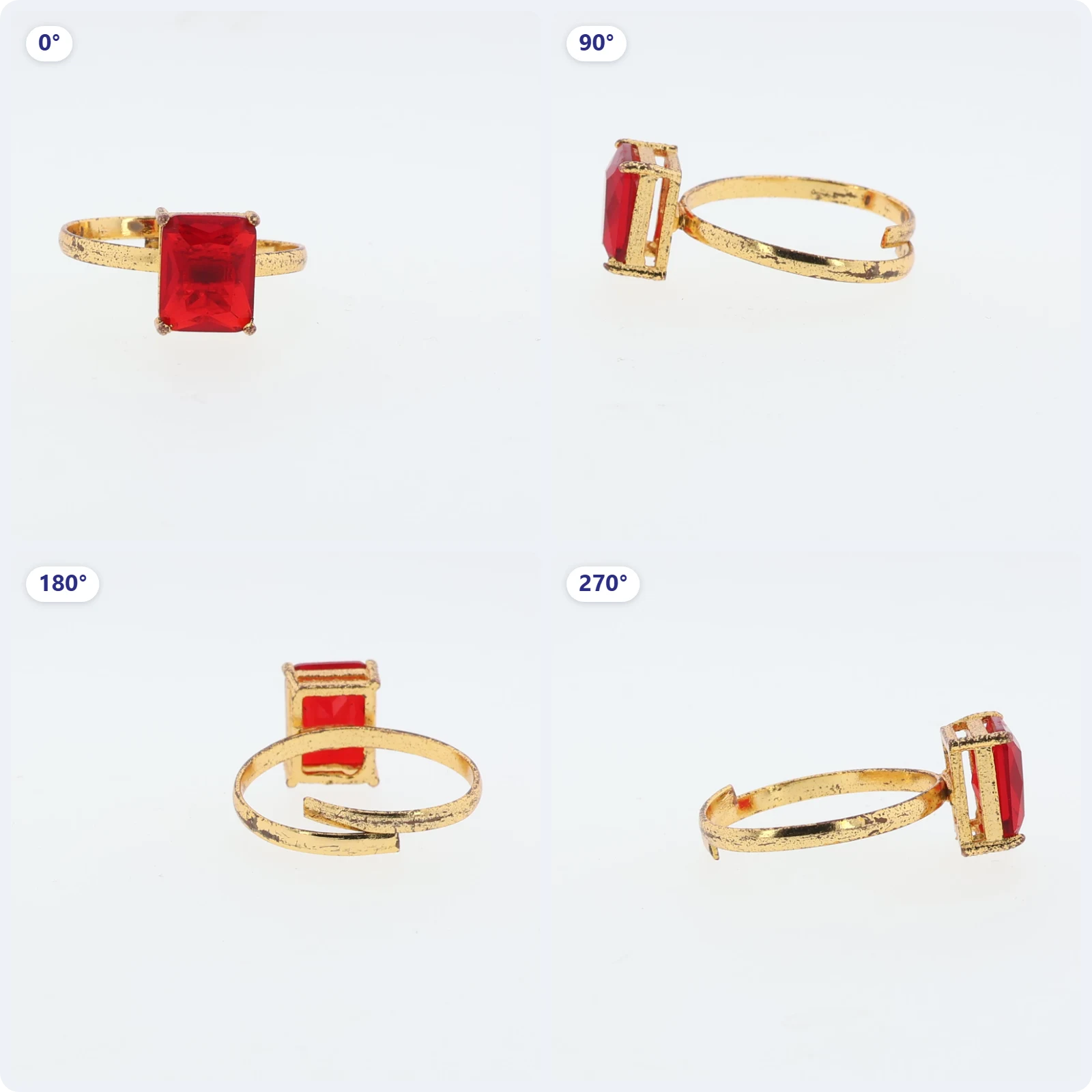 A gold ring with a red stone photographed at 0°, 90°, 180° and 270°: four frames from a 360° spin