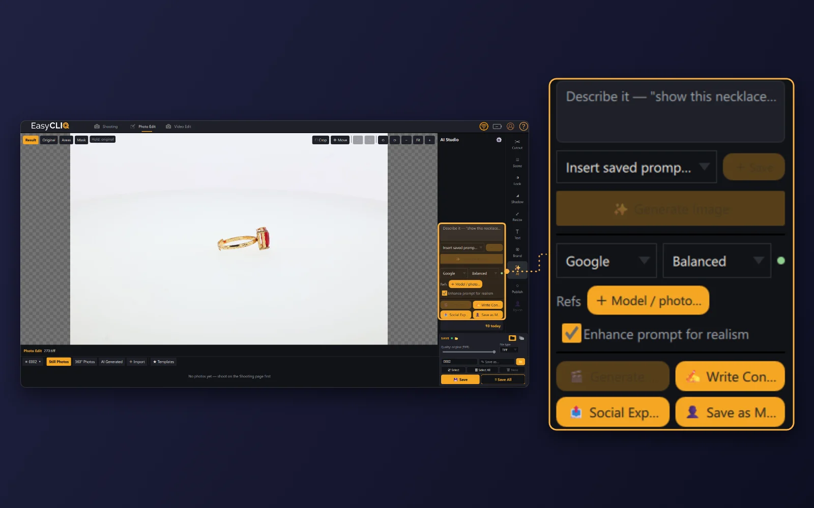The AI Studio panel in EasyCLIQ Photo Edit, with a prompt box and reference photo options