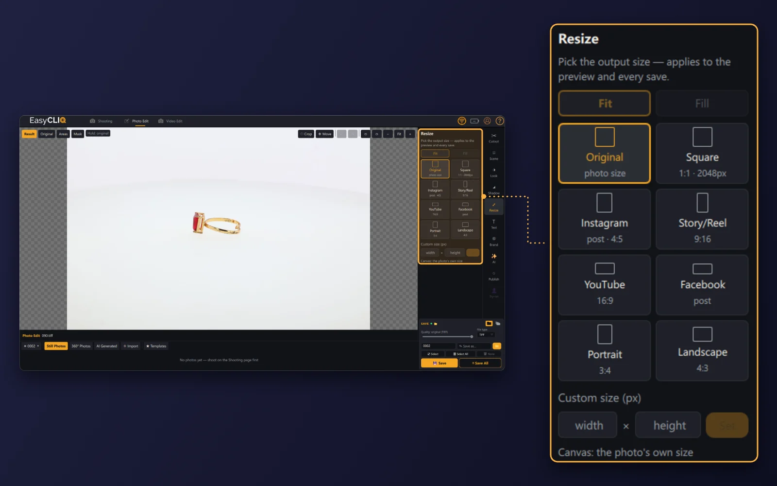 The Resize panel in EasyCLIQ Photo Edit with output sizes for each channel