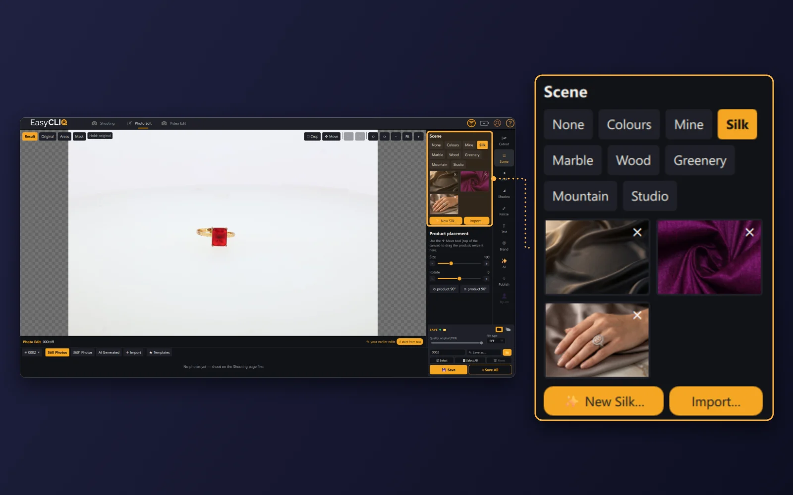 EasyCLIQ Photo Edit with the Scene panel open on the ring’s 0° frame