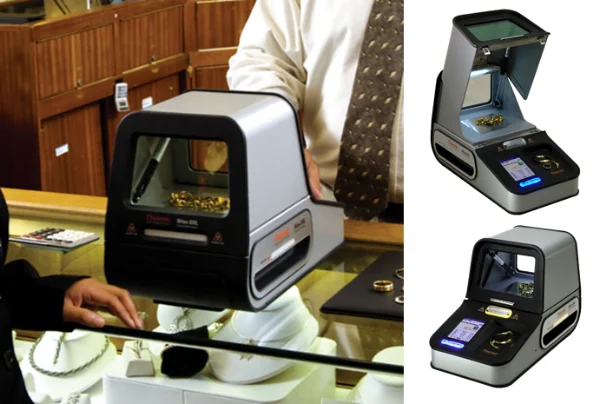 Benchtop XRF gold purity analysers on a jewellery showroom counter