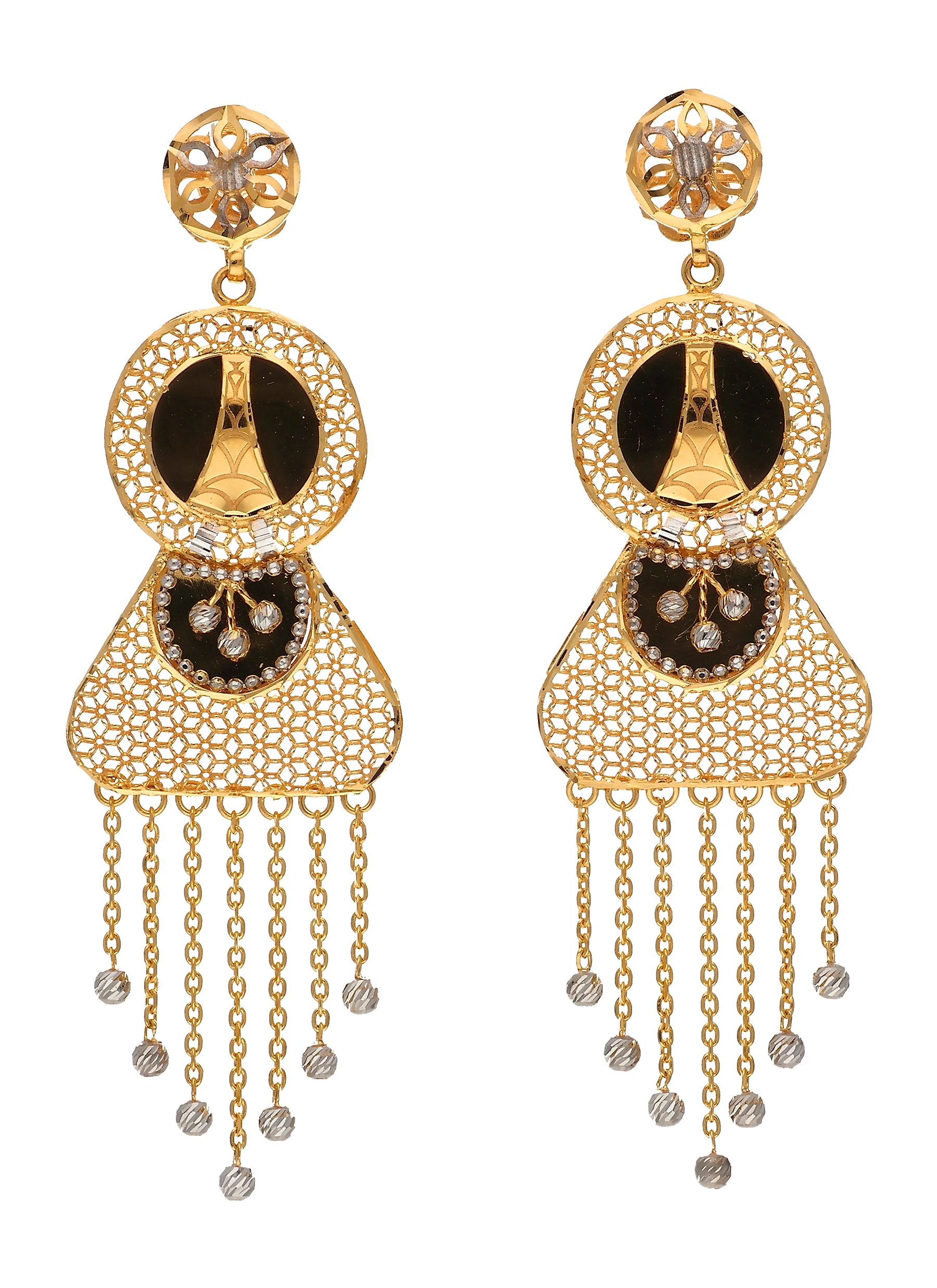 Gold and enamel chandelier earrings with tassel drops