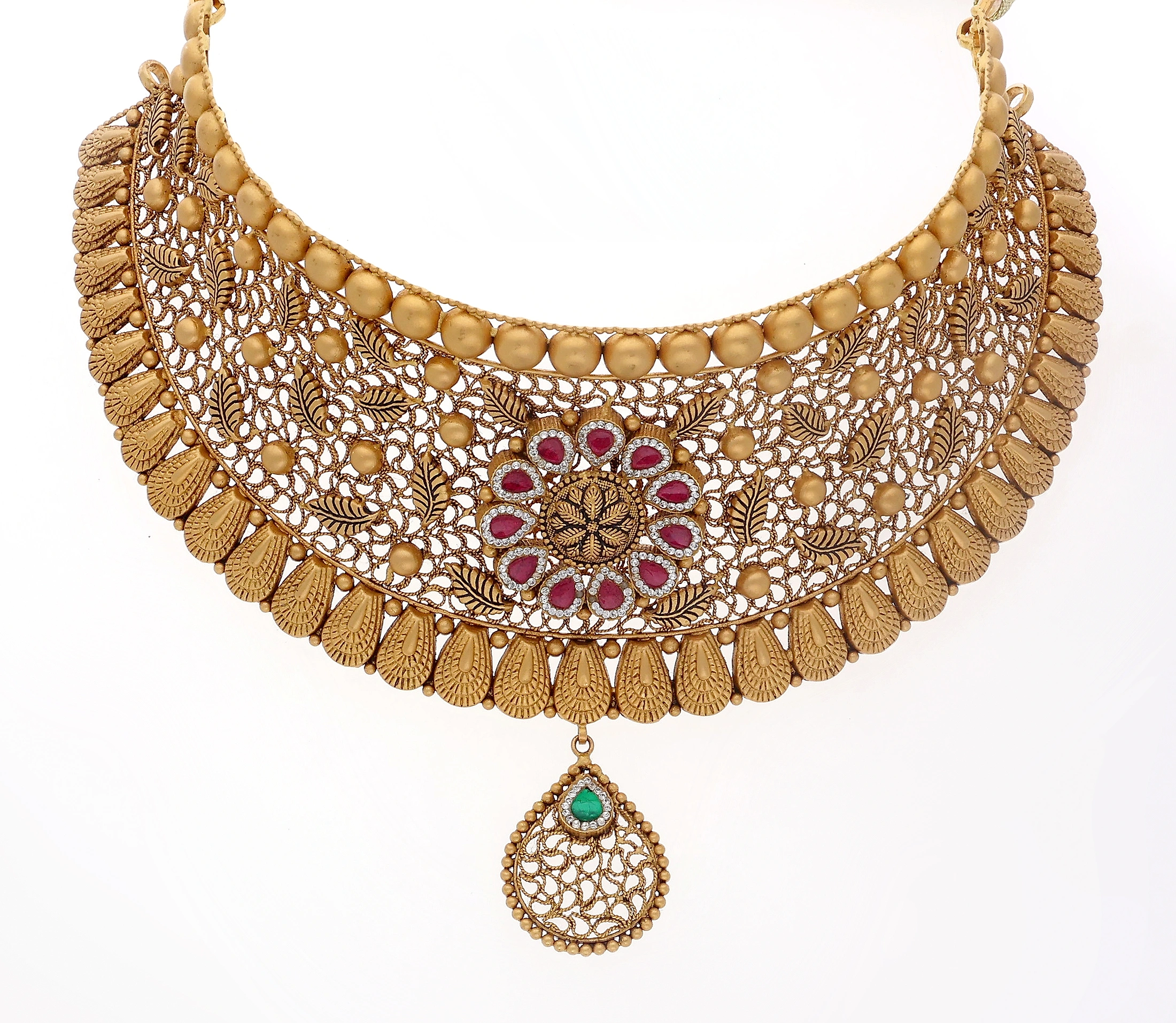 Antique gold choker necklace with ruby and emerald